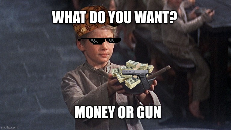 DEADLY KID | WHAT DO YOU WANT? MONEY OR GUN | image tagged in please sir | made w/ Imgflip meme maker