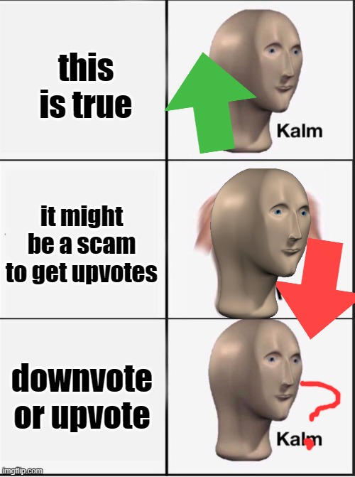 this is true it might be a scam to get upvotes downvote or upvote | image tagged in reverse kalm panik | made w/ Imgflip meme maker