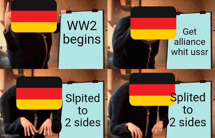 Germany's plan | WW2 begins; Get alliance whit ussr; Splited to 2 sides; Slpited to 2 sides | image tagged in memes,gru's plan | made w/ Imgflip meme maker
