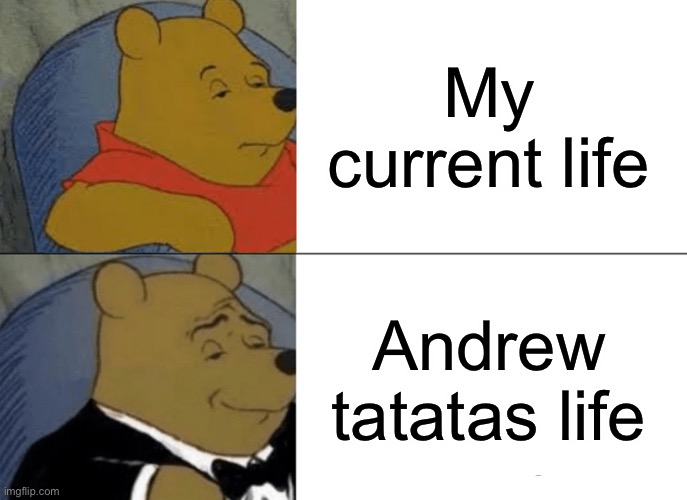 Tata life | My current life; Andrew tatatas life | image tagged in memes,tuxedo winnie the pooh | made w/ Imgflip meme maker