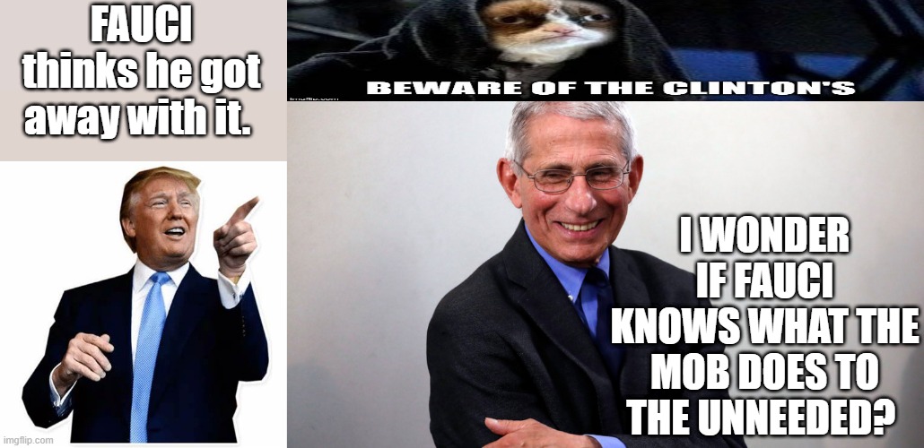 FAUCI messed up bothsides hate him now ,the more that things comes out. | FAUCI thinks he got away with it. I WONDER IF FAUCI KNOWS WHAT THE MOB DOES TO THE UNNEEDED? | image tagged in nwo police state | made w/ Imgflip meme maker