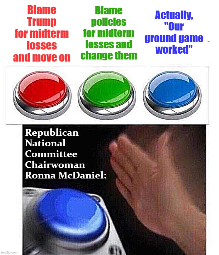 The RNC swallows a biiiiiiiiiiig bluepill | Blame Trump for midterm losses and move on; Blame policies for midterm losses and change them; Actually, "Our ground game worked"; Republican National Committee Chairwoman Ronna McDaniel: | image tagged in 3 buttons | made w/ Imgflip meme maker