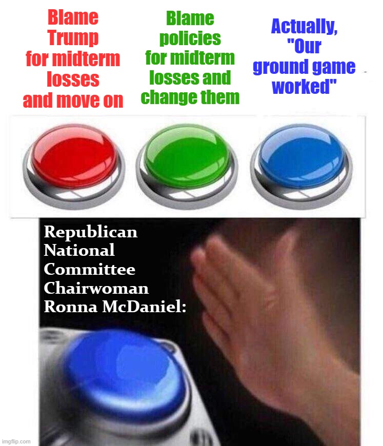 Faced with several convincing theories for midterm disappointments, the RNC chooses... oh yeah, reality denial, of course | Blame Trump for midterm losses and move on; Blame policies for midterm losses and change them; Actually, "Our ground game worked"; Republican National Committee Chairwoman Ronna McDaniel: | image tagged in 3 buttons | made w/ Imgflip meme maker