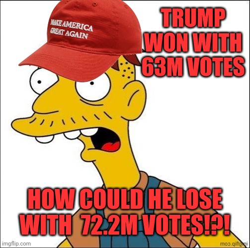 Things that make you question a stolen election | TRUMP WON WITH 63M VOTES; HOW COULD HE LOSE WITH  72.2M VOTES!?! | image tagged in some kind of maga moron | made w/ Imgflip meme maker