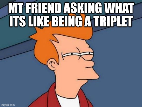 hehe- not wrong | MT FRIEND ASKING WHAT ITS LIKE BEING A TRIPLET | image tagged in memes,futurama fry | made w/ Imgflip meme maker