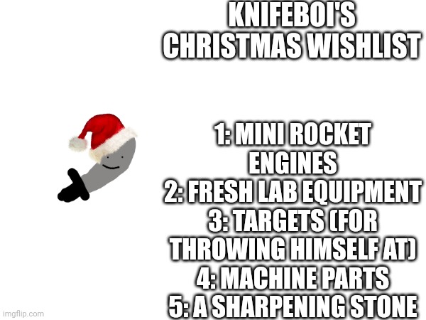 among other things | KNIFEBOI'S CHRISTMAS WISHLIST; 1: MINI ROCKET ENGINES
2: FRESH LAB EQUIPMENT
3: TARGETS (FOR THROWING HIMSELF AT)
4: MACHINE PARTS
5: A SHARPENING STONE | made w/ Imgflip meme maker