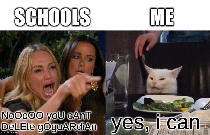 Woman Yelling At Cat Meme | SCHOOLS; ME; NoOoOO yoU cAnT DeLEte gOguARdiAn; yes, i can | image tagged in memes,woman yelling at cat | made w/ Imgflip meme maker
