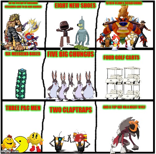 12 days of smissmas day 9 | SEVEN CLAWS SCRATCHING; ON THE 9TH DAY OF SMISSMAS MERASMUS GAVE TO US NINE DIGIMON; EIGHT NEW SHOES; FIVE BIG CHUNGUS; SIX MEESEEKS BOXES; FOUR GOLF CARTS; TWO CLAPTRAPS; THREE PAC MEN; AND A TOP HAT ON A NIGHT WOLF | image tagged in blank comic panel 1x3,christmas,tf2,digimon,crash bandicoot,pokemon | made w/ Imgflip meme maker