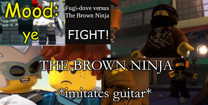 FDVTBN Temp 2.1 | ye; THE BROWN NINJA; *imitates guitar* | image tagged in fdvtbn temp 2 1 | made w/ Imgflip meme maker