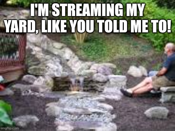 Use streamyard. | I'M STREAMING MY YARD, LIKE YOU TOLD ME TO! | image tagged in funny memes | made w/ Imgflip meme maker