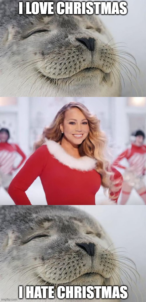 All I want for christmas is for that song to stop playing on repeat |  I LOVE CHRISTMAS; I HATE CHRISTMAS | image tagged in memes,satisfied seal,mariah carey all i want for christmas is you,christmas,seal,mariah carey | made w/ Imgflip meme maker