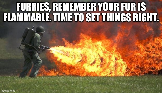 flamethrower | FURRIES, REMEMBER YOUR FUR IS FLAMMABLE. TIME TO SET THINGS RIGHT. | image tagged in flamethrower | made w/ Imgflip meme maker