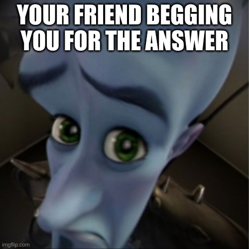 Megamind peeking | YOUR FRIEND BEGGING YOU FOR THE ANSWER | image tagged in megamind peeking | made w/ Imgflip meme maker