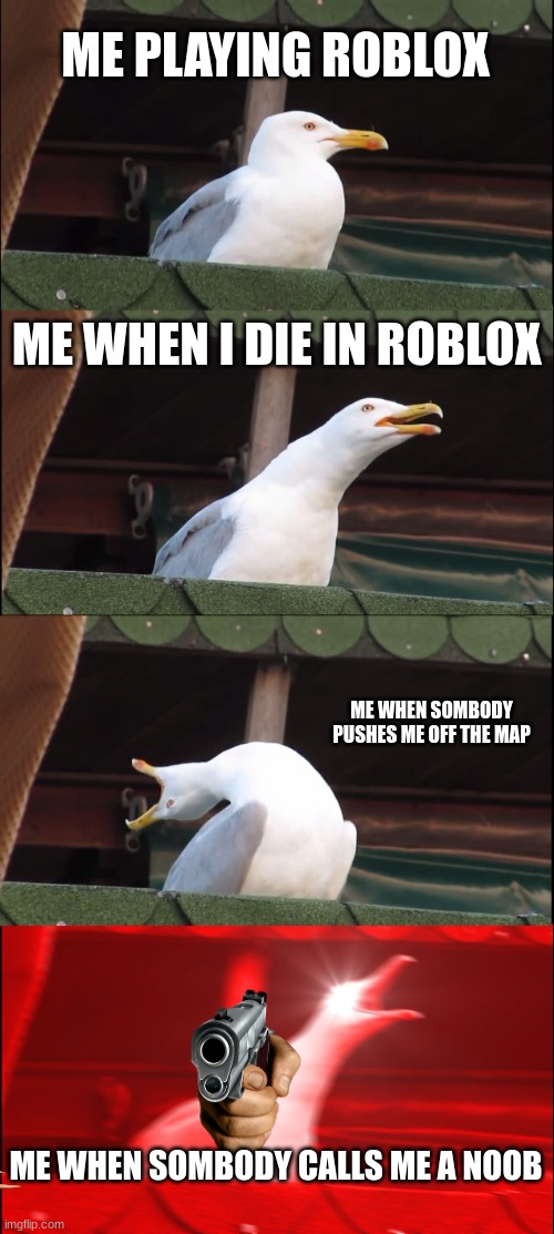 Inhaling Seagull Meme | ME PLAYING ROBLOX; ME WHEN I DIE IN ROBLOX; ME WHEN SOMBODY PUSHES ME OFF THE MAP; ME WHEN SOMBODY CALLS ME A NOOB | image tagged in memes,inhaling seagull | made w/ Imgflip meme maker