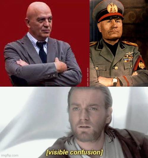 Marco Rizzo and benito Mussolini they are equal! | image tagged in marco rizzo sicuro,mussolini portrait,italian,communism,fascism,italians | made w/ Imgflip meme maker