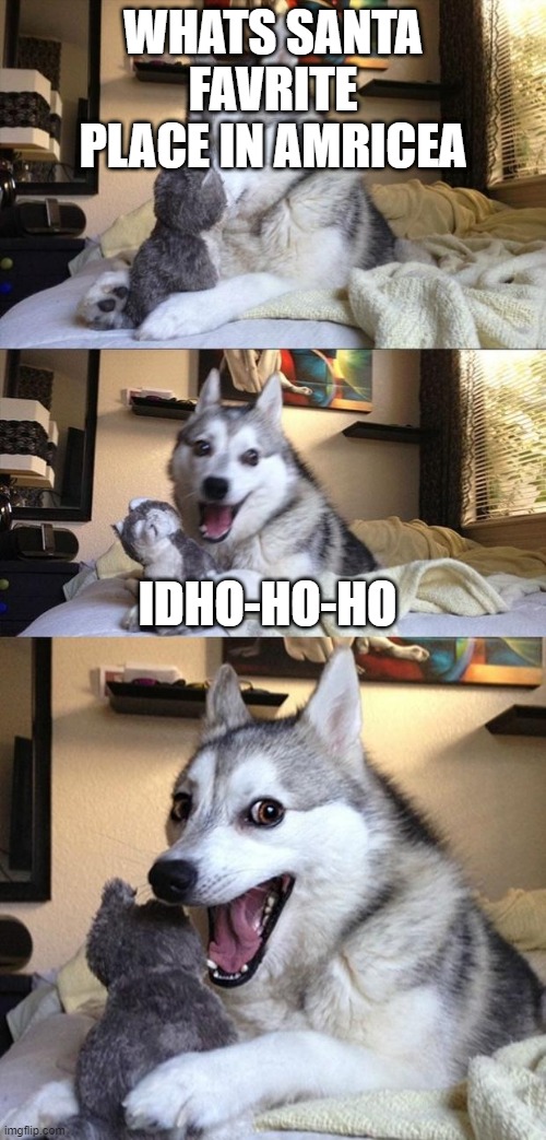 Bad Joke Dog | WHATS SANTA FAVRITE PLACE IN AMRICEA; IDHO-HO-HO | image tagged in bad joke dog | made w/ Imgflip meme maker