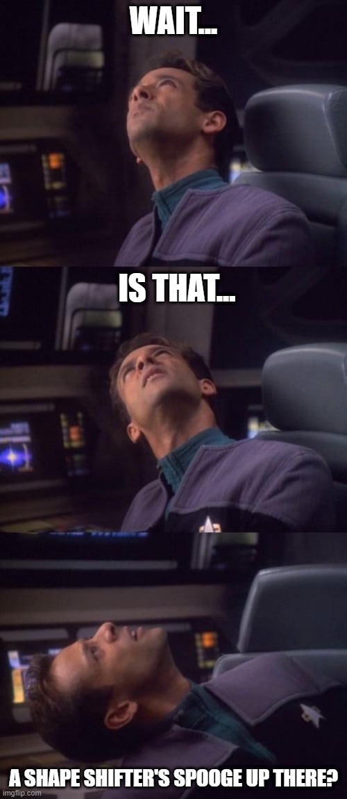 Odo Been Nasty | WAIT... IS THAT... A SHAPE SHIFTER'S SPOOGE UP THERE? | image tagged in confused bashir | made w/ Imgflip meme maker