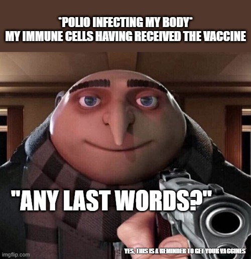 Gru Gun | *POLIO INFECTING MY BODY*
MY IMMUNE CELLS HAVING RECEIVED THE VACCINE; "ANY LAST WORDS?"; YES, THIS IS A REMINDER TO GET YOUR VACCINES | image tagged in gru gun | made w/ Imgflip meme maker