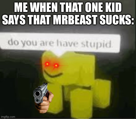 do you are have stupid | ME WHEN THAT ONE KID SAYS THAT MRBEAST SUCKS: | image tagged in do you are have stupid | made w/ Imgflip meme maker