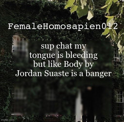 FemaleHomosapien012 | sup chat my tongue is bleeding but like Body by Jordan Suaste is a banger | image tagged in femalehomosapien012 | made w/ Imgflip meme maker