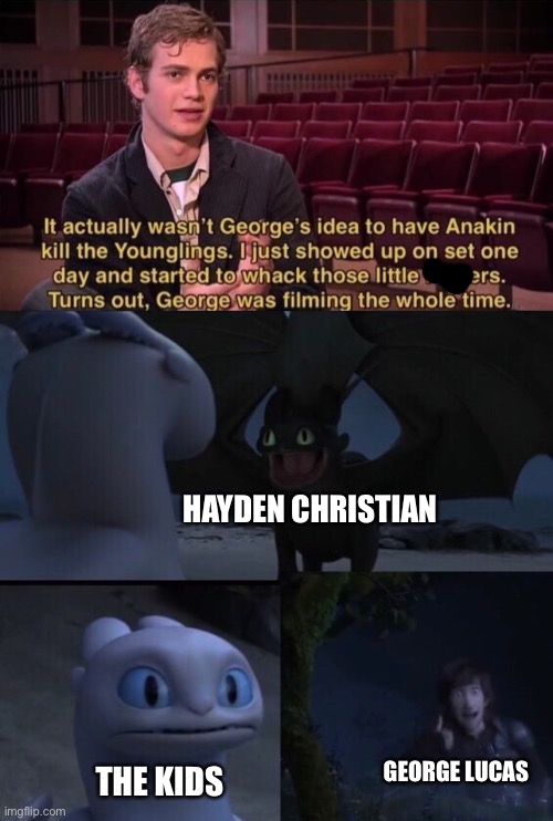 It turns out George was recording | HAYDEN CHRISTIAN; GEORGE LUCAS; THE KIDS | image tagged in how to train your dragon 3,star wars | made w/ Imgflip meme maker