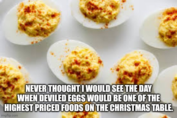 Skyrocketing Egg Prices | NEVER THOUGHT I WOULD SEE THE DAY WHEN DEVILED EGGS WOULD BE ONE OF THE HIGHEST PRICED FOODS ON THE CHRISTMAS TABLE. | image tagged in eggs,prices | made w/ Imgflip meme maker
