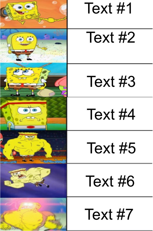 Buff Spongebob 7-Pannel | Text #1; Text #2; Text #3; Text #4; Text #5; Text #6; Text #7 | image tagged in buff spongebob 7-pannel,memes,meme template,funny,funny memes,iceu | made w/ Imgflip meme maker