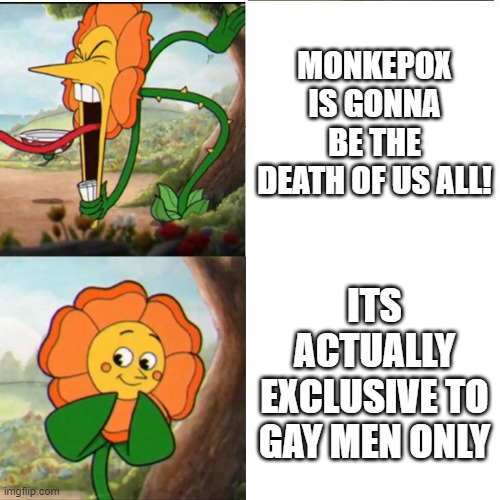 It just suddenly vanished guys! | MONKEPOX IS GONNA BE THE DEATH OF US ALL! ITS ACTUALLY EXCLUSIVE TO GAY MEN ONLY | image tagged in cuphead flower | made w/ Imgflip meme maker