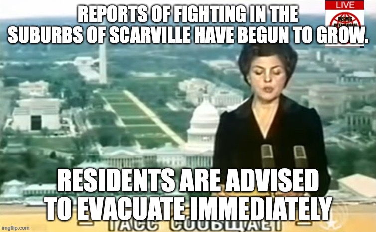 Many local landmarks, such as the statue of Scar in the town square, have been covered with sandbags or moved to a secure locati | REPORTS OF FIGHTING IN THE SUBURBS OF SCARVILLE HAVE BEGUN TO GROW. RESIDENTS ARE ADVISED TO EVACUATE IMMEDIATELY | image tagged in dictator msmg news | made w/ Imgflip meme maker