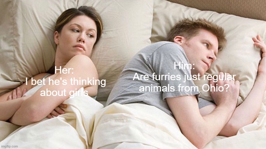 HOLY CRAP GUYS, THIS IS HUGE! | Him:
Are furries just regular animals from Ohio? Her:
 I bet he's thinking about girls | image tagged in couple in bed,memes,anti furry,ohio,realization | made w/ Imgflip meme maker