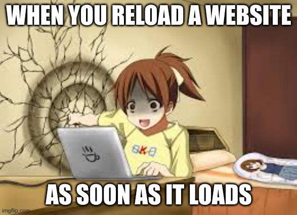 Anime girl punches the wall | WHEN YOU RELOAD A WEBSITE; AS SOON AS IT LOADS | image tagged in anime girl punches the wall | made w/ Imgflip meme maker