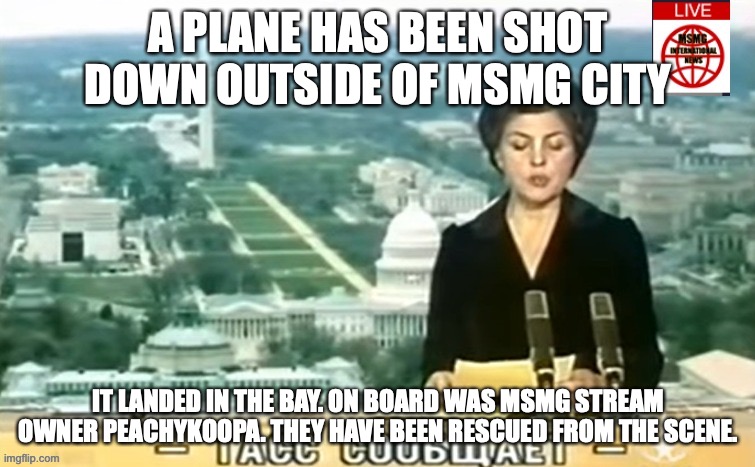 Dictator MSMG News | A PLANE HAS BEEN SHOT DOWN OUTSIDE OF MSMG CITY; IT LANDED IN THE BAY. ON BOARD WAS MSMG STREAM OWNER PEACHYKOOPA. THEY HAVE BEEN RESCUED FROM THE SCENE. | image tagged in dictator msmg news | made w/ Imgflip meme maker