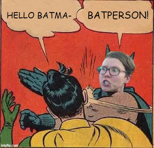 Batman Slapping Robin |  HELLO BATMA-; BATPERSON! | image tagged in memes,batman slapping robin,triggered feminist | made w/ Imgflip meme maker