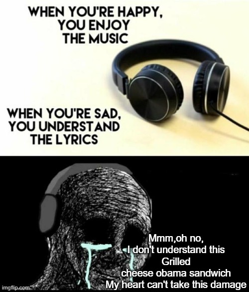 When your sad you understand the lyrics | Mmm,oh no, I don't understand this
Grilled cheese obama sandwich
My heart can't take this damage | image tagged in when your sad you understand the lyrics | made w/ Imgflip meme maker