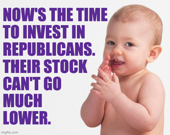 Kids can tell. | NOW'S THE TIME
TO INVEST IN
REPUBLICANS.
THEIR STOCK
CAN'T GO
MUCH
LOWER. | image tagged in memes,baby broker,republicans | made w/ Imgflip meme maker