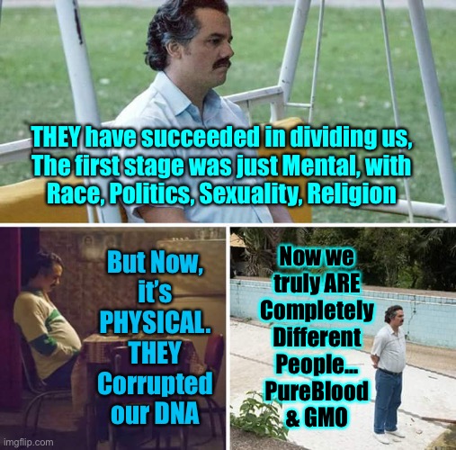 The sad reality | THEY have succeeded in dividing us,
The first stage was just Mental, with
Race, Politics, Sexuality, Religion; Now we
truly ARE
Completely
Different
People…
PureBlood
& GMO; But Now,
it’s
PHYSICAL.
THEY
Corrupted
our DNA | image tagged in memes,sad pablo escobar | made w/ Imgflip meme maker