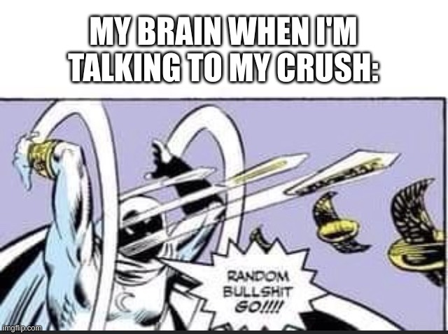 Please tell me that this happens to you guys |  MY BRAIN WHEN I'M TALKING TO MY CRUSH: | image tagged in random bullshit go,memes,crush,oh wow are you actually reading these tags,barney will eat all of your delectable biscuits | made w/ Imgflip meme maker