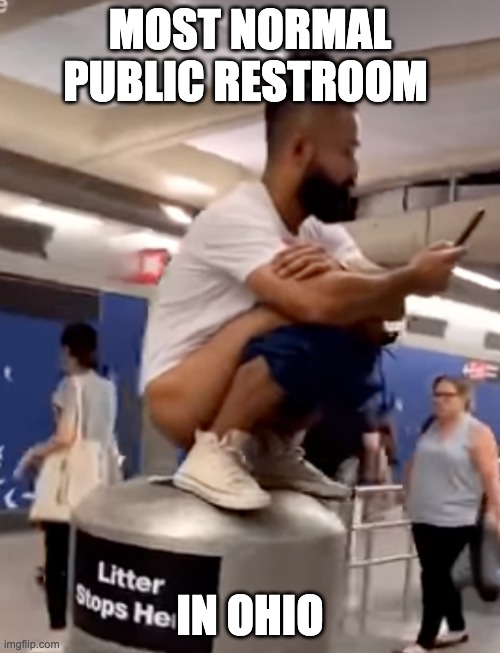 man shiting in trash can |  MOST NORMAL PUBLIC RESTROOM; IN OHIO | image tagged in man,ohio,shitting,public restrooms | made w/ Imgflip meme maker