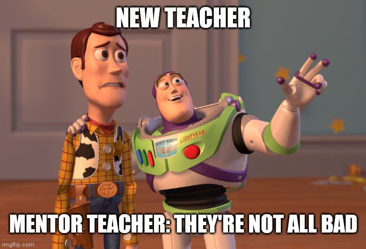 X, X Everywhere | NEW TEACHER; MENTOR TEACHER: THEY'RE NOT ALL BAD | image tagged in memes,x x everywhere | made w/ Imgflip meme maker