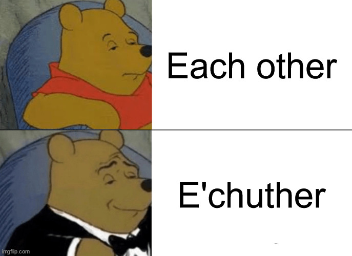 Each Other | Each other; E'chuther | image tagged in memes,tuxedo winnie the pooh | made w/ Imgflip meme maker