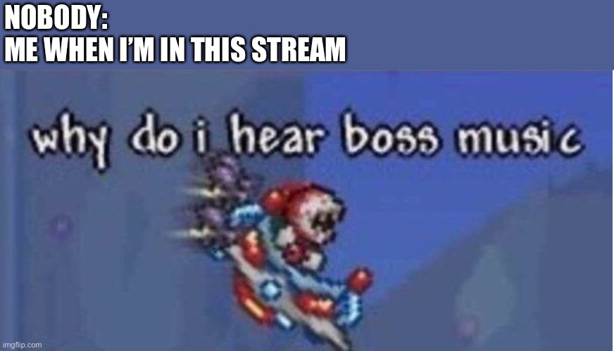 Why hasn’t nobody made this meme yet??? | NOBODY: 
ME WHEN I’M IN THIS STREAM | image tagged in why do i hear boss music | made w/ Imgflip meme maker