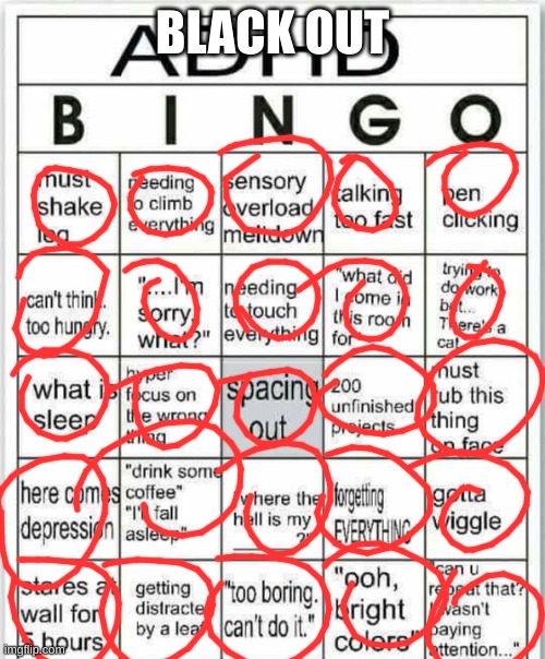 adhd bingo | BLACK OUT | image tagged in adhd bingo | made w/ Imgflip meme maker