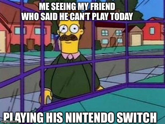 Creepy Flanders | ME SEEING MY FRIEND WHO SAID HE CAN’T PLAY TODAY; PLAYING HIS NINTENDO SWITCH | image tagged in creepy flanders | made w/ Imgflip meme maker