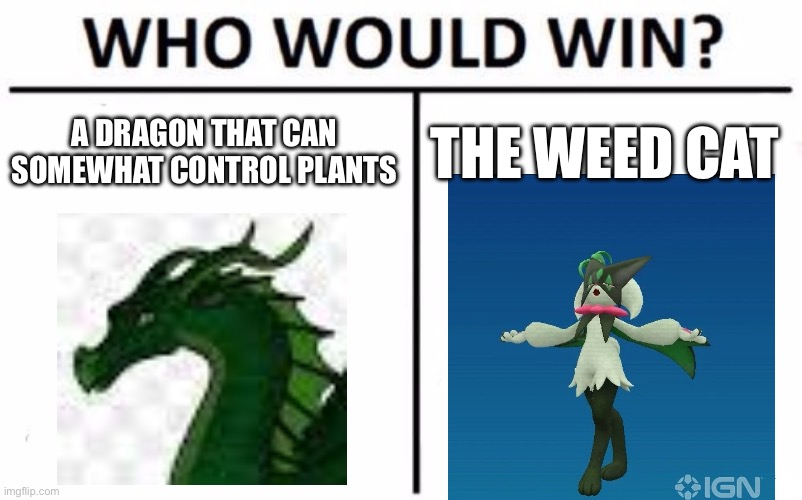 What would actually happen if a leafwing met a grass type Pokémon? (Low quality jpeg cause imgflip.) | A DRAGON THAT CAN SOMEWHAT CONTROL PLANTS; THE WEED CAT | image tagged in memes,who would win | made w/ Imgflip meme maker
