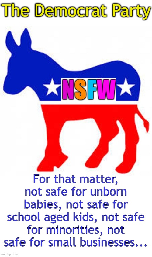 Not Safe For Work | The Democrat Party; For that matter, not safe for unborn babies, not safe for school aged kids, not safe for minorities, not safe for small businesses... | image tagged in democrat donkey | made w/ Imgflip meme maker
