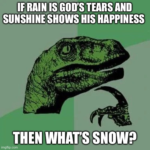 raptor asking questions | IF RAIN IS GOD’S TEARS AND SUNSHINE SHOWS HIS HAPPINESS; THEN WHAT’S SNOW? | image tagged in raptor asking questions | made w/ Imgflip meme maker
