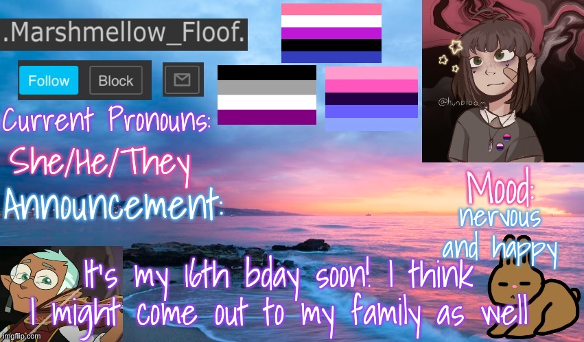 it’s my bday on the 17th, and I might come out on the 16th or 18th | She/He/They; nervous and happy; It’s my 16th bday soon! I think I might come out to my family as well | image tagged in floofs temp 2 | made w/ Imgflip meme maker