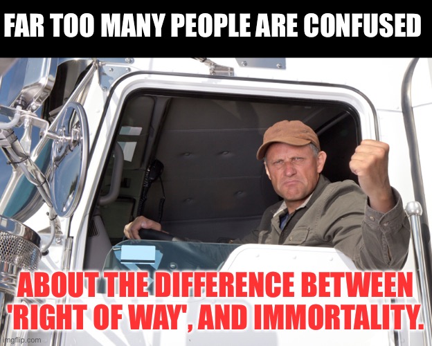 Be safe | FAR TOO MANY PEOPLE ARE CONFUSED; ABOUT THE DIFFERENCE BETWEEN 'RIGHT OF WAY', AND IMMORTALITY. | image tagged in angry truck driver | made w/ Imgflip meme maker