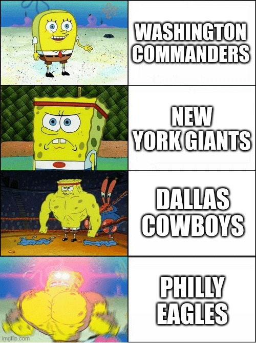 NFC East be like | WASHINGTON COMMANDERS; NEW YORK GIANTS; DALLAS COWBOYS; PHILLY EAGLES | image tagged in sponge finna commit muder | made w/ Imgflip meme maker