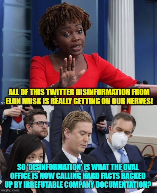 Enquiring minds -- thus rather obviously excluding all leftists -- genuinely want to know. | ALL OF THIS TWITTER DISINFORMATION FROM ELON MUSK IS REALLY GETTING ON OUR NERVES! SO 'DISINFORMATION' IS WHAT THE OVAL OFFICE IS NOW CALLING HARD FACTS BACKED UP BY IRREFUTABLE COMPANY DOCUMENTATION? | image tagged in truth | made w/ Imgflip meme maker